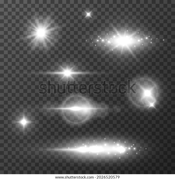 Light effects, star burst with sparkles isolated on\
transparent background. Sun flash rays or white spotlight. Glow\
magic flare set