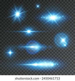 Light effects, stars burst, sparkles isolated on transparent background. Glow stage flash with rays. Vector blue spotlights set. Shine projector beams.