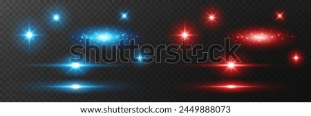 Light effects, stars burst, sparkles isolated on transparent background. Glow stage flash with rays. Vector red versus blue spotlights set. Shine projector beams for battle, game design