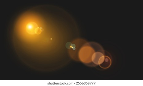 Light effects that simulate a bright flash with shimmering warm orange, yellow tones. Abstract bright glare is suitable for creating a festive atmosphere, highlighting objects using in graphic design.