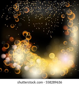 Light effects vector on black background. Gold, orange, yellow shades. Twinkling stars, magic clouds, stardust. Celebratory backdrop. Frame for text.