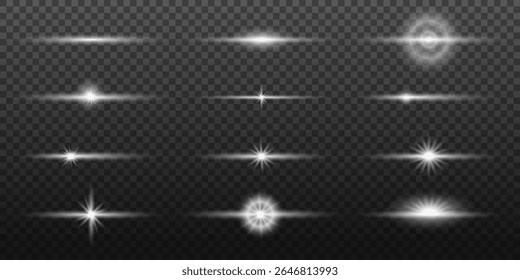 Light effects. Light white star, soft sunny sparkle, dust, line, solar flare, spark and stars, spotlight, curve. Glowing lines. Bright rays of light. Vector illustration on transparent background