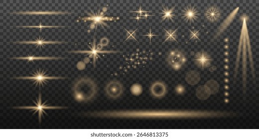 Light effects. Light yellow star, soft sunny sparkle, dust, line, solar flare, spark and stars, spotlight, curve. Bright rays of light. Glowing lines. Vector illustration on transparent background