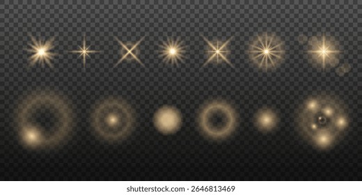 Light effects. Light yellow star, soft sunny sparkle, dust, line, solar flare, spark and stars, spotlight. Bright rays of light. Abstract golden lights. Vector illustration on transparent background