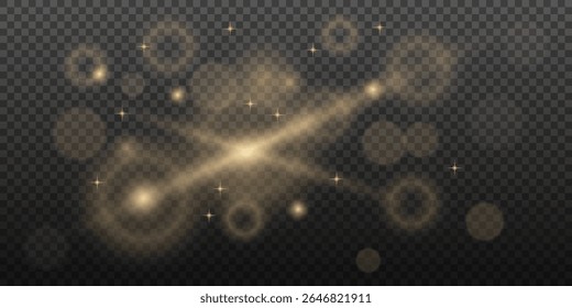 Efeitos de luz. Estrela amarela clara, brilho ensolarado suave. Natal brilhante bokeh confete luz e brilho textura sobreposição para design. Festivo espumante pó de ouro. Ilustração vetorial em transparente