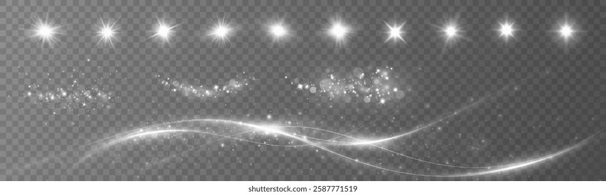 Light effects.Light flares, explosions, glitter, dust, lines, sun gloves, sparks, sparkles, stars, curved curves. Glow special effect light