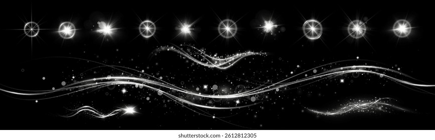Light effects.Light flares, explosions, glitter, dust, lines, sun gloves, sparks, sparkles, stars, curved curves. Glow special effect light