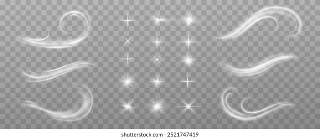 Light effects.Wind glare, explosions, shine, dust, lines, solar flares, sparks, sequins, stars, curved curls. Glow special effect of light