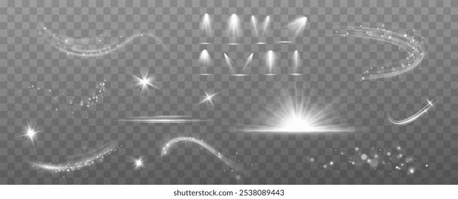 Light effects.Wind glare, explosions, shine, dust, lines, solar flares, sparks, sequins, stars, curved curls. Glow special effect of light