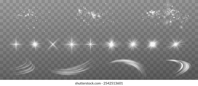 Light effects.Wind glare, explosions, shine, dust, lines, solar flares, sparks, sequins, stars, curved curls. Glow special effect of light