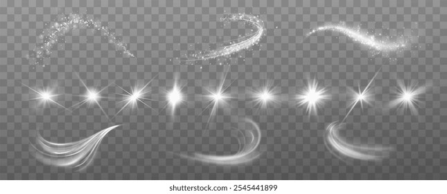 Light effects.Wind glare, explosions, shine, dust, lines, solar flares, sparks, sequins, stars, curved curls. Glow special effect of light