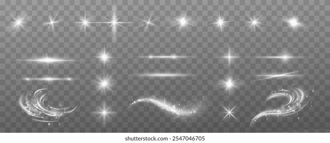 Light effects.Wind glare, explosions, shine, dust, lines, solar flares, sparks, sequins, stars, curved curls. Glow special effect of light