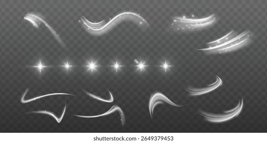 Efeitos de luz.Vento brilho, explosões, brilho, poeira, linhas, erupções solares, faíscas, lantejoulas, estrelas, curvas curvas. Brilho efeito especial da luz