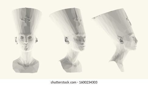 Reina egipcia ligera Nefertiti. Conjunto de esculturas aisladas de Cleopatra blanca sobre fondo blanco. Representación 3D de vectores de polvos bajos