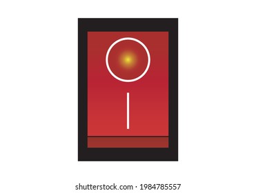 Light or electricity switch on white background. Red switch on with yellow light