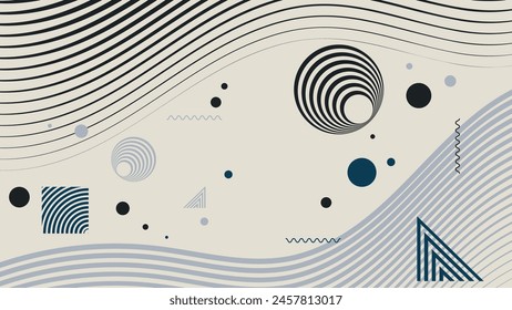 Light elegant Memphis style wallpaper. Abstract composition of wavy lines, geometric shapes, smooth stripes and contours. Vector.