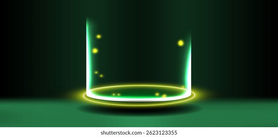 Light emanates from a glowing cylinder in a dark environment, creating a mysterious atmosphere with green and yellow hues.