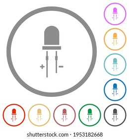 Iconos de color plano de diodo emisor de luz en contornos redondos sobre fondo blanco