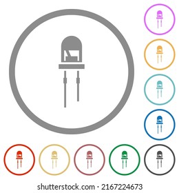 Iconos de color plano de diodo emisor de luz en contornos redondos sobre fondo blanco