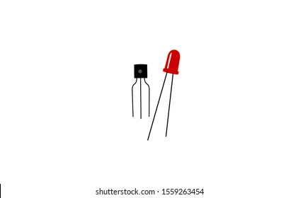 Light emitting diode (LED) and transistor in the vector format consist of red light-emitting diode and black transistor. Led and transistor on white background.