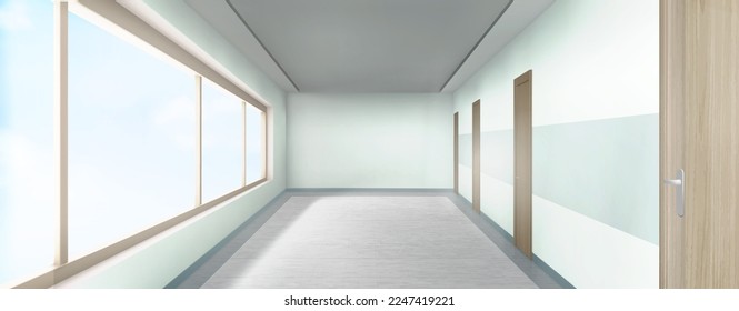 pasillo claro y vacío, hospital 3d, clínica, sala de oficinas con grandes ventanas y puertas a ambos lados de la vista de perspectiva. Sala moderna, fascismo médico, sala de luz con lámparas en el techo, burla vectorial realista p