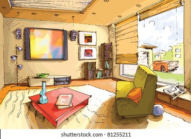 The light and empty interior of a cozy living room in a bright sunny day.
The original vector image is layered.
Editable vector EPS v9.0