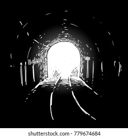 Light at the end of railroad tunnel. black and white illustration
