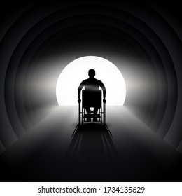 Light at the end of the tunnel and Silhouette of Disabled man in wheelchair. Concept illustration of hope and way out of crisis. Editable Vector Illustration