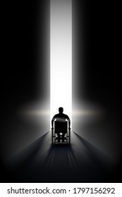 Light at the end of the tunnel and Silhouette of Disabled man in wheelchair. Concept illustration of hope and way out of crisis. Editable Vector Illustration