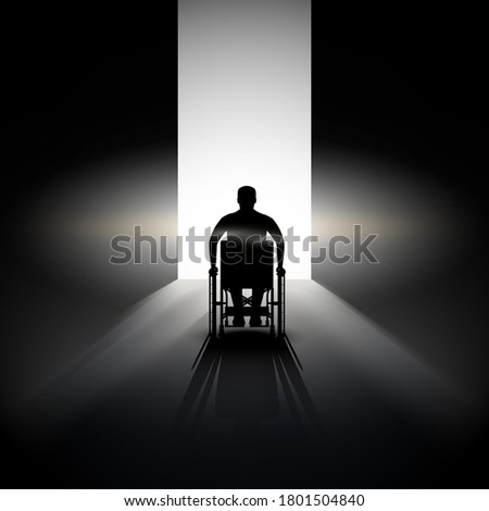 Light at the end of the tunnel and Silhouette of Disabled man in wheelchair. Concept illustration of hope and way out of crisis. Editable Vector Illustration