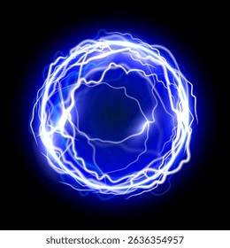 Light energy ball. Glowing blue power sphere with electric lightning effect on black background. Futuristic plasma ball, magic orb, game portal. Abstract vector illustration.