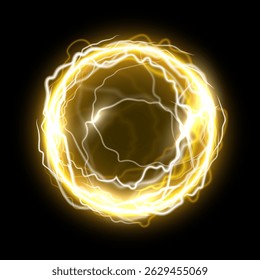 Light energy ball. Glowing golden power sphere with electric lightning effect on black background. Futuristic plasma ball, magic orb, game portal. Abstract vector illustration.
