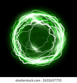 Light energy ball. Glowing green power sphere with electric lightning effect on black background. Futuristic plasma ball, magic orb, game portal. Abstract vector illustration.