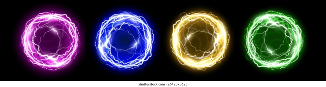 Light energy balls. Set of glowing power blue, green, purple, golden spheres with electric lightning effect on black background. Game portals. Futuristic abstract vector illustration.