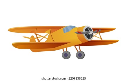 Light engine airplane with propeller isolated on white background. Aircraft flight transport. Air transportation of passengers. Orange plane for processing fertilizers on fields. Vector illustration