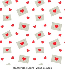 Light envelopes with hearts on white background seamless pattern