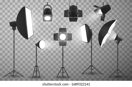 Light equipment of photo studio on transparent background, realistic vector design. 3d spotlights, tripod stands with softbox, stripbox and umbrella, flash lamps and stage barndoors