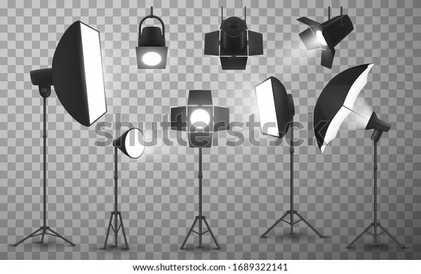 Light
equipment of photo studio on transparent background, realistic
vector design. 3d spotlights, tripod stands with softbox, stripbox
and umbrella, flash lamps and stage
barndoors