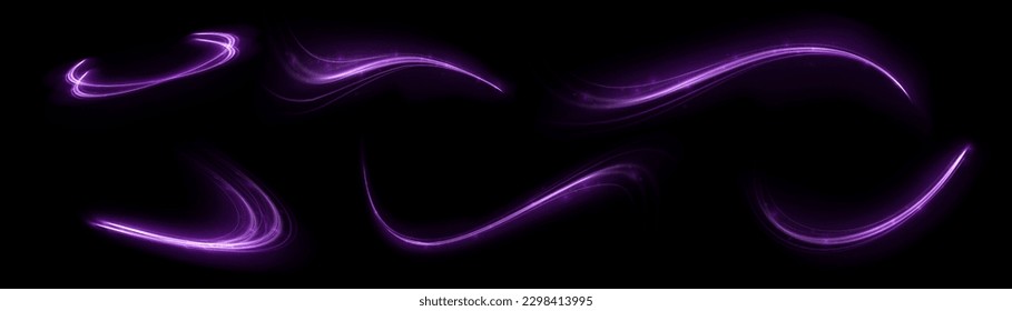 Light everyday glowing effect. Abstract light lines of movement and speed in white. pinck semicircular wave, light trail curve swirl, road car headlights, incandescent optical fiber.