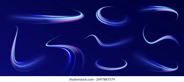 Efecto luminoso diario ligero. El movimiento de alta velocidad desenfoca los efectos de luz en la noche, línea azul. Onda semicircular, remolino de curva de sendero ligero, fibra óptica incandescente png. Vector brillante brillante del fondo.