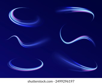 Efecto luminoso diario ligero. El movimiento de alta velocidad desenfoca los efectos de luz en la noche, línea azul. Onda semicircular, remolino de curva de sendero ligero, fibra óptica incandescente png. Vector brillante brillante del fondo.