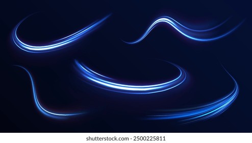 Light everyday glowing effect. High speed motion blur light effects at night, blue line. Semicircular wave, light trail curve swirl, optical fiber incandescent png. Bright sparkling background vector.