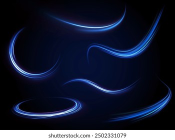 Efecto luminoso diario ligero. El movimiento de alta velocidad desenfoca los efectos de luz en la noche, línea azul. Onda semicircular, remolino de curva de sendero ligero, fibra óptica incandescente png. Vector brillante brillante del fondo.