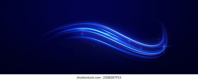 Efecto luminoso diario ligero. El movimiento de alta velocidad desenfoca los efectos de luz en la noche, línea azul. Onda semicircular, remolino de curva de sendero ligero, fibra óptica incandescente png. Vector brillante brillante del fondo.