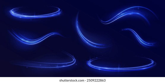 Light everyday glowing effect. High speed motion blur light effects at night, blue line. Semicircular wave, light trail curve swirl, optical fiber incandescent png. Bright sparkling background vector.