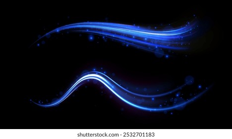 Light everyday glowing effect. High speed motion blur light effects at night, blue line. Semicircular wave, light trail curve swirl, optical fiber incandescent png. Bright sparkling background vector.