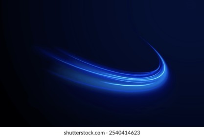 Efeito luminoso diário brilhante. Efeitos de luz de embaçamento de movimento de alta velocidade à noite, linha azul. Onda semicircular, espiral de curva de trilha de luz, png incandescente de fibra óptica. Vetor de plano de fundo cintilante brilhante.