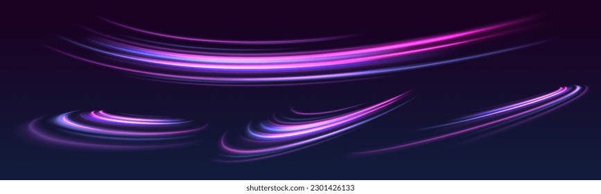 Efecto luminoso diario. onda semicircular, giro de la curva de traza luminosa, incandescencia de fibra óptica. Giro violeta de onda brillante, líneas de cable de impulso. Exposición a largo plazo. Vector.