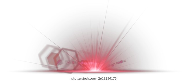 Light explosion creates dramatic atmospheric highlight effect. Glare pulses dynamically, adding visual intensity and depth. Glowing dust particles scatter in cosmic-style motion. Vector spark