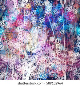Light fantasy floral elements on purple and blue background. Abstract seamless texture